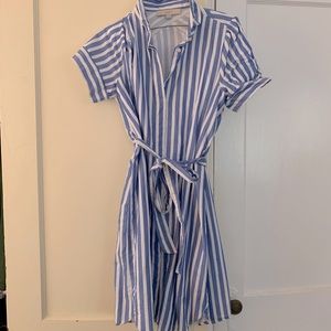 Loft M Tie Waist Shirt Dress Blue White Stripe
